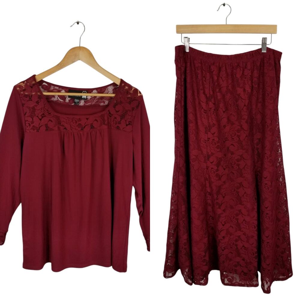 Antthony Original 2 Piece Set Skirt Long Sleeve Stretch Knit Top Red Size XL